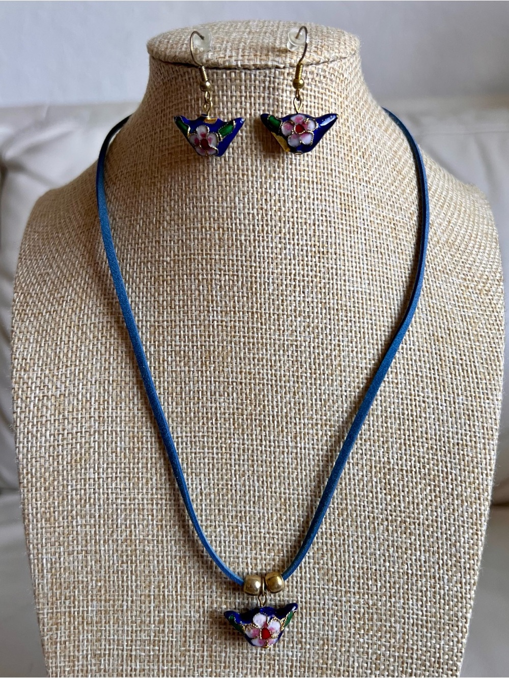 Blue Cloisonné Floral Necklace & Earring Set